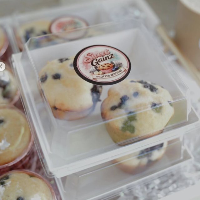Box of blueberry protein muffins
